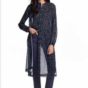 H&M - Floral Navy Button Down See Thru Long Sleeve Side Slits Midi Dress Size 2
